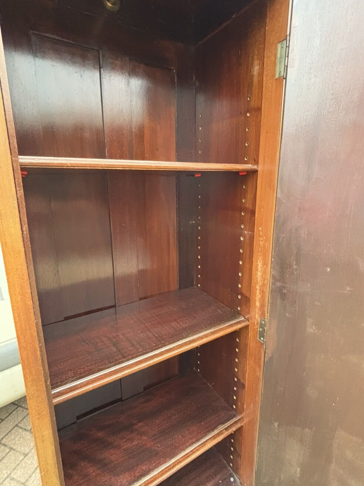 1920's Inlaid Mahogany Slim Storage Cupboards, Adjustable Shelves, Drawer, Key