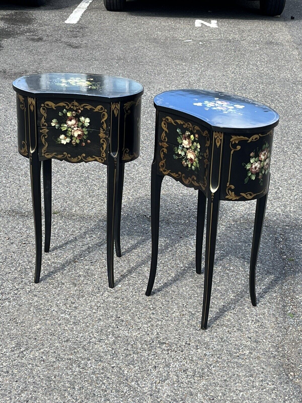 Pair Of Bedside Cabinets. Lamp Tables. Side Tables. Decorated With Flowers