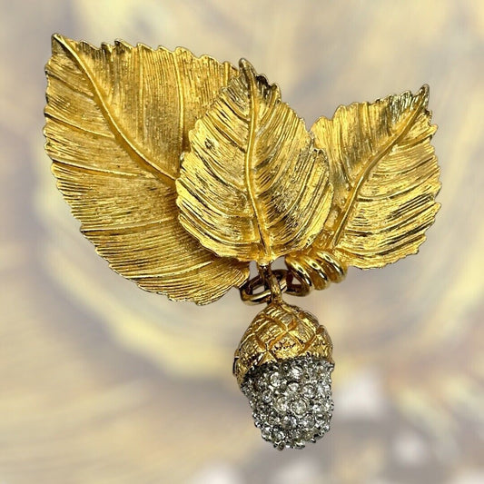 Vintage Gold Tone Acorn Drop Leaves Craft Signed Large Brooch