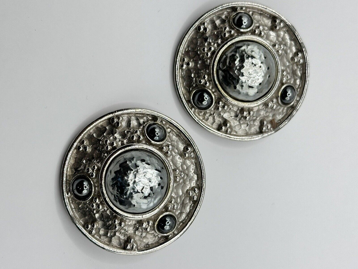 Vintage Silver Tone Etruscan Disk Clip On Earrings