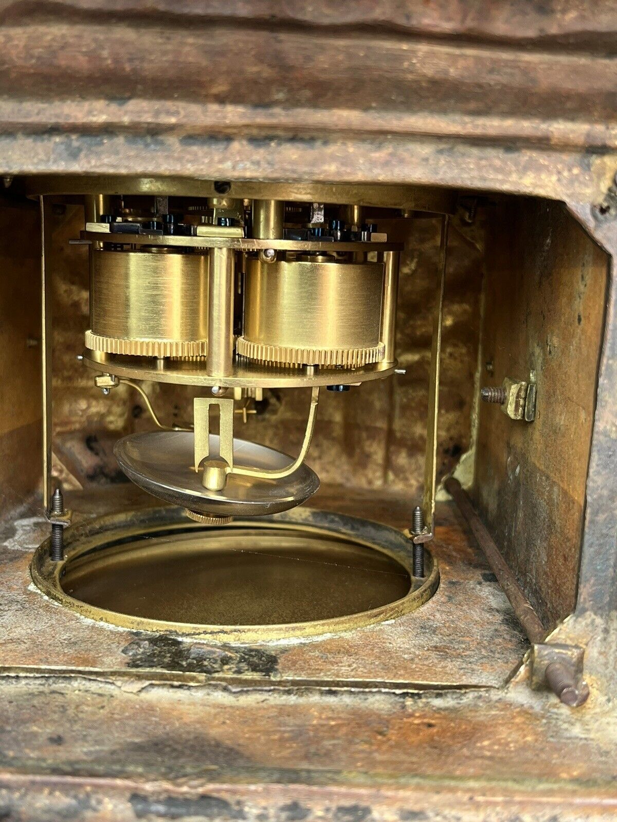 Victorian Brass Clock, Superb Quality, Chimes In A Bell, With Key And Pendulum