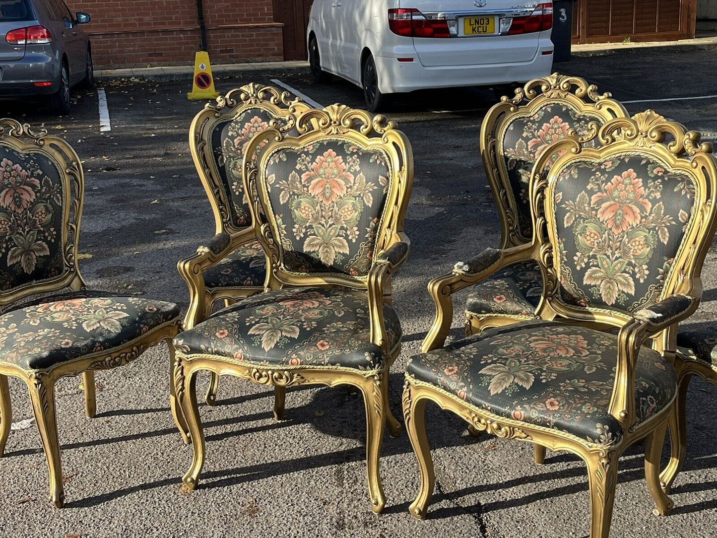 6 Louis Style Gold Gilt Wooden And Upholstered Armchairs.