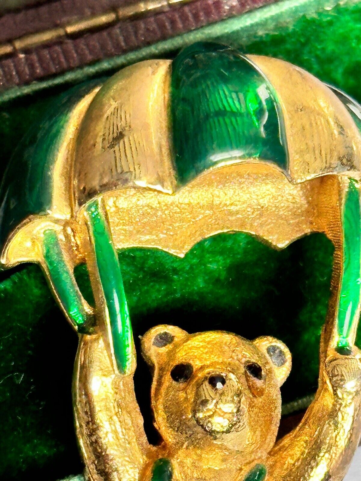 Vintage Gold Plated Green Enamel Teddy Bear Brooch