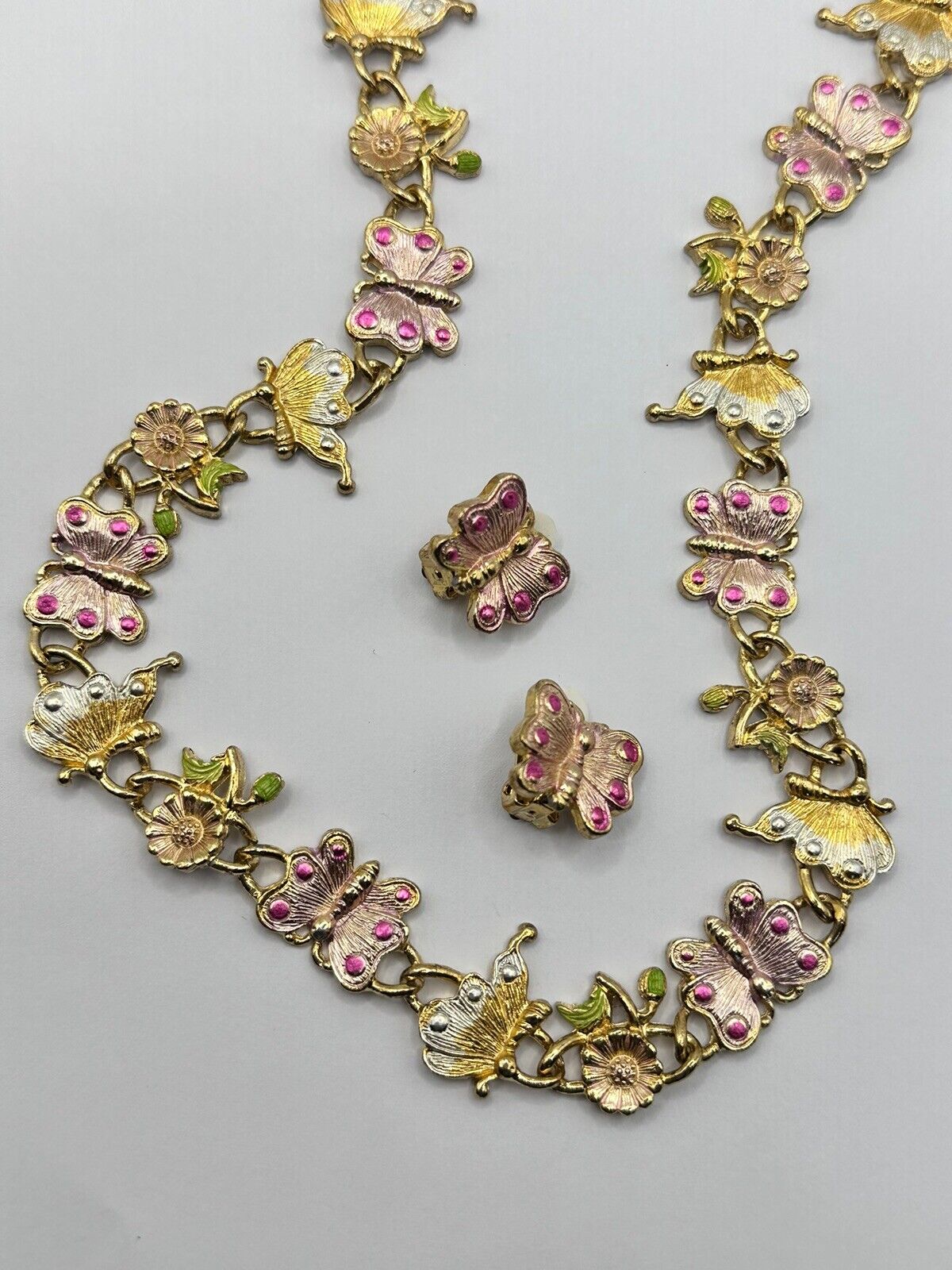 Vintage Gold Tone Pink Enamel Butterfly Flowers Necklace And Clip On Earring Set