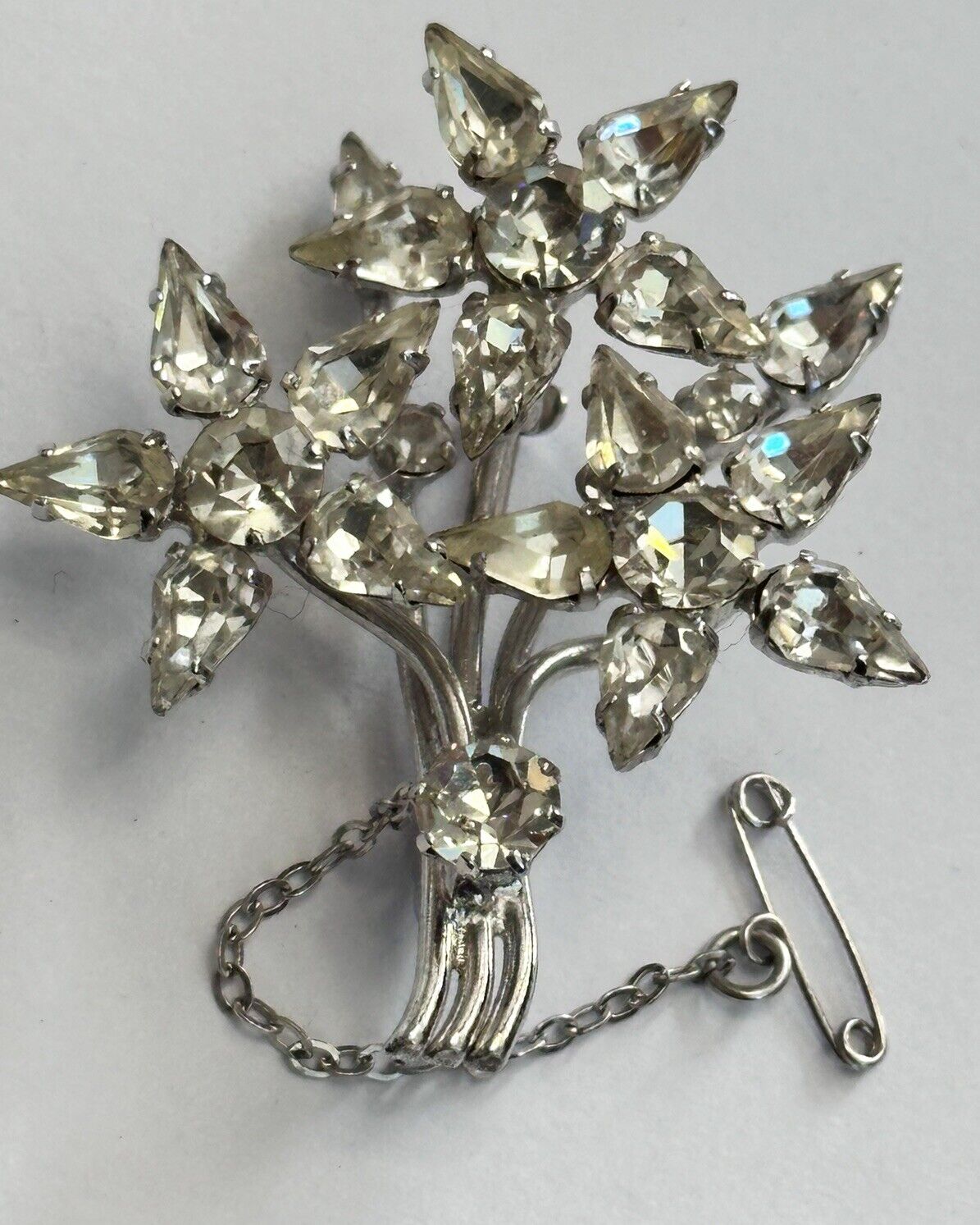 Vintage Silver Tone Paste Flower Spray Brooch Safety Pin