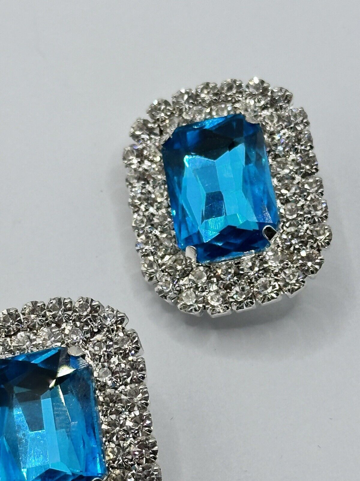 Vintage Silver Tone Blue Diamanté Statement Clip On Earrings