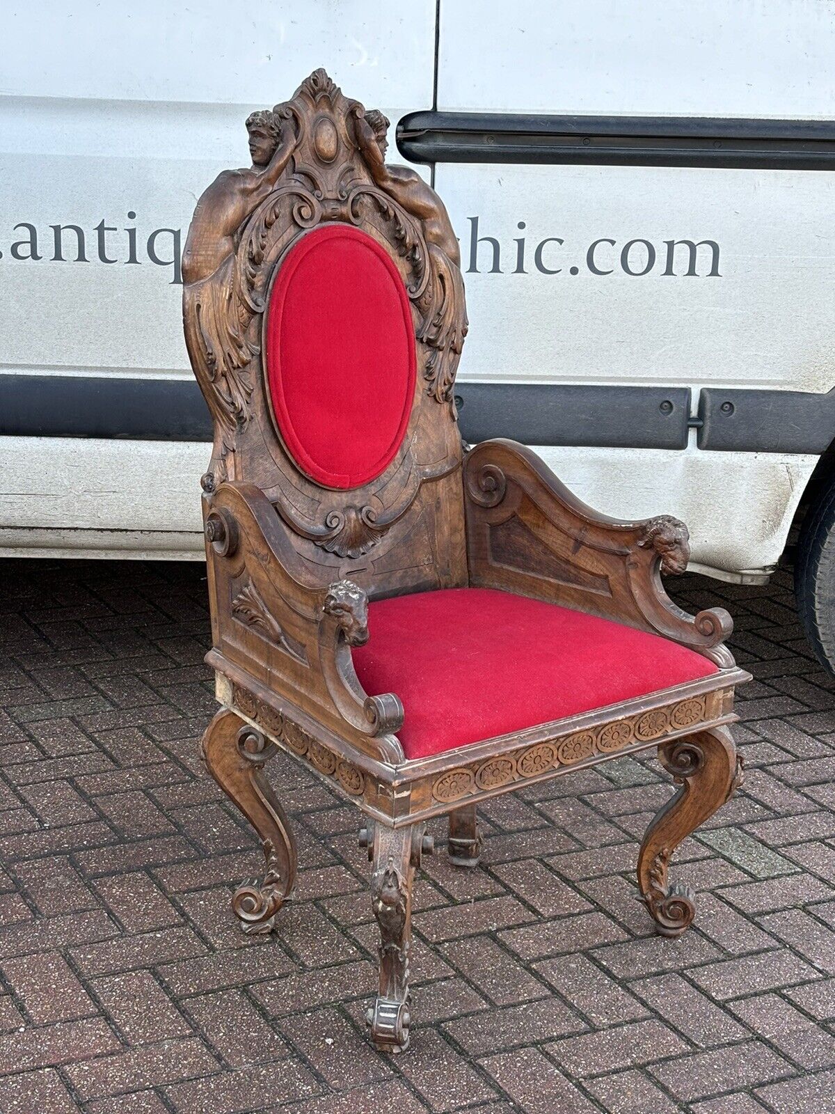 Antique Walnut Country House Library Armchair. Carved Mythical Figures.