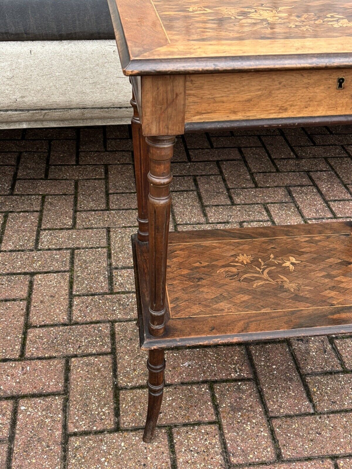 Antique Marquetry Dressing Cabinet With Silver Grooming Set, English Hallmarks