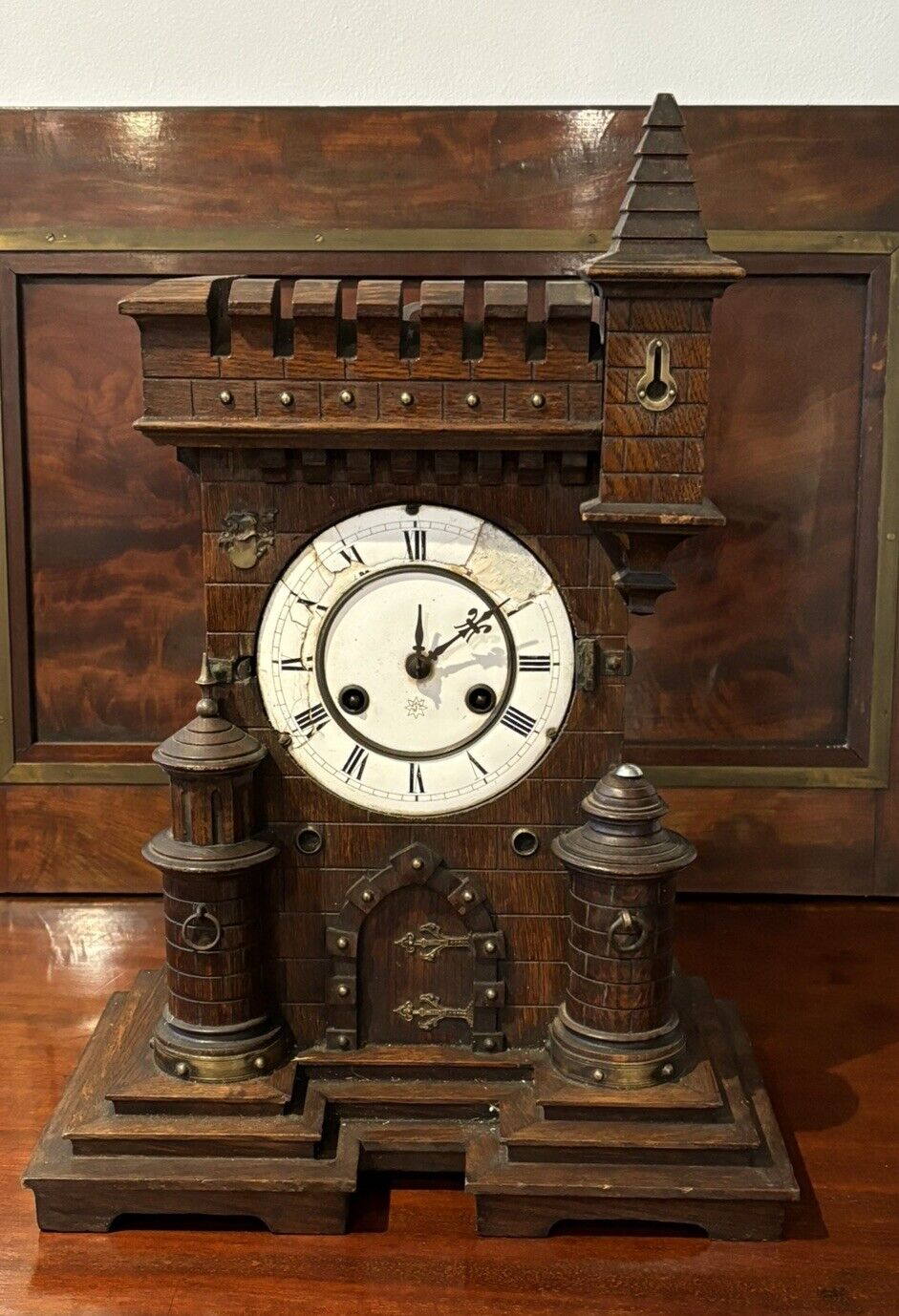 Antique Black Forest Architectural Wooden Mantle Clock