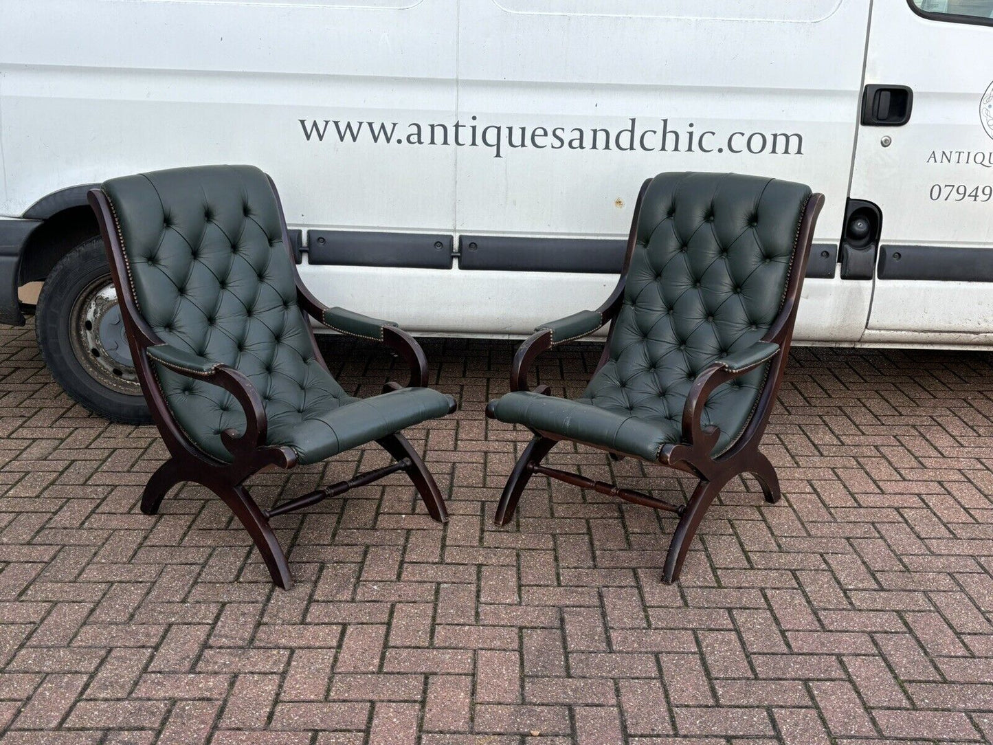 Pair Of Green Leather Buttoned Back Armchairs. Slipper Chairs/ Reading Chairs