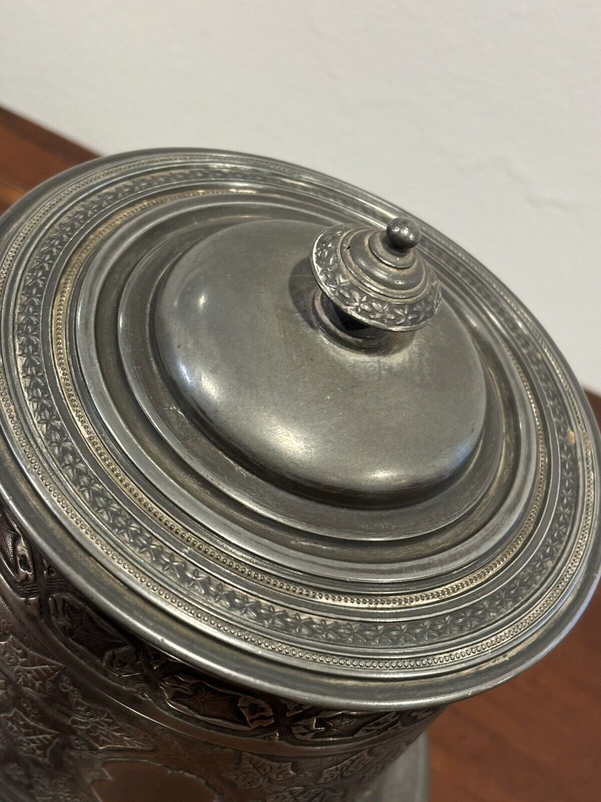 Victorian English Pewter Biscuit Barrel. Large In Size.