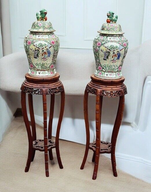 Pair Of Canton Vases On Matching Pot Stands. LARGE & IMPRESSIVE.