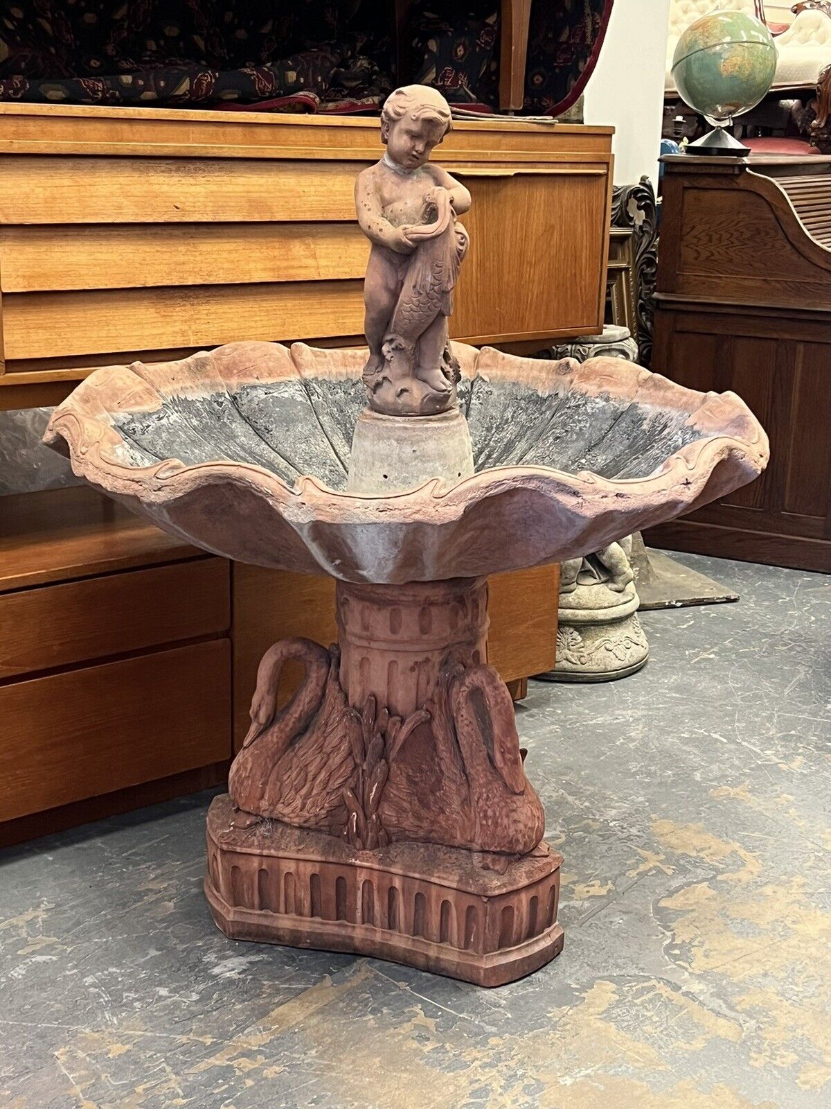 LARGE Terracotta Garden Fountain, On A Swan Base, Oyster Shell With A Boy & Carp