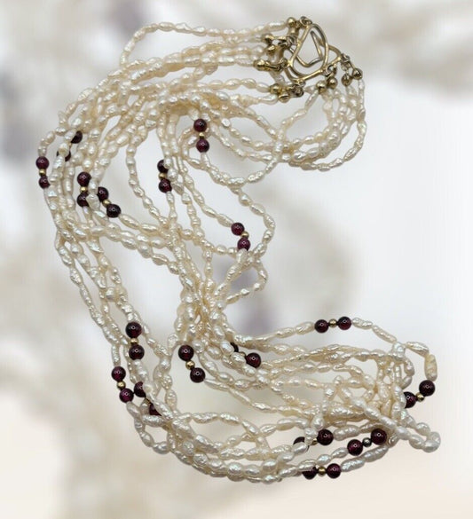 Vintage Multi Strand Freshwater Pearl Garnet Bead Necklace