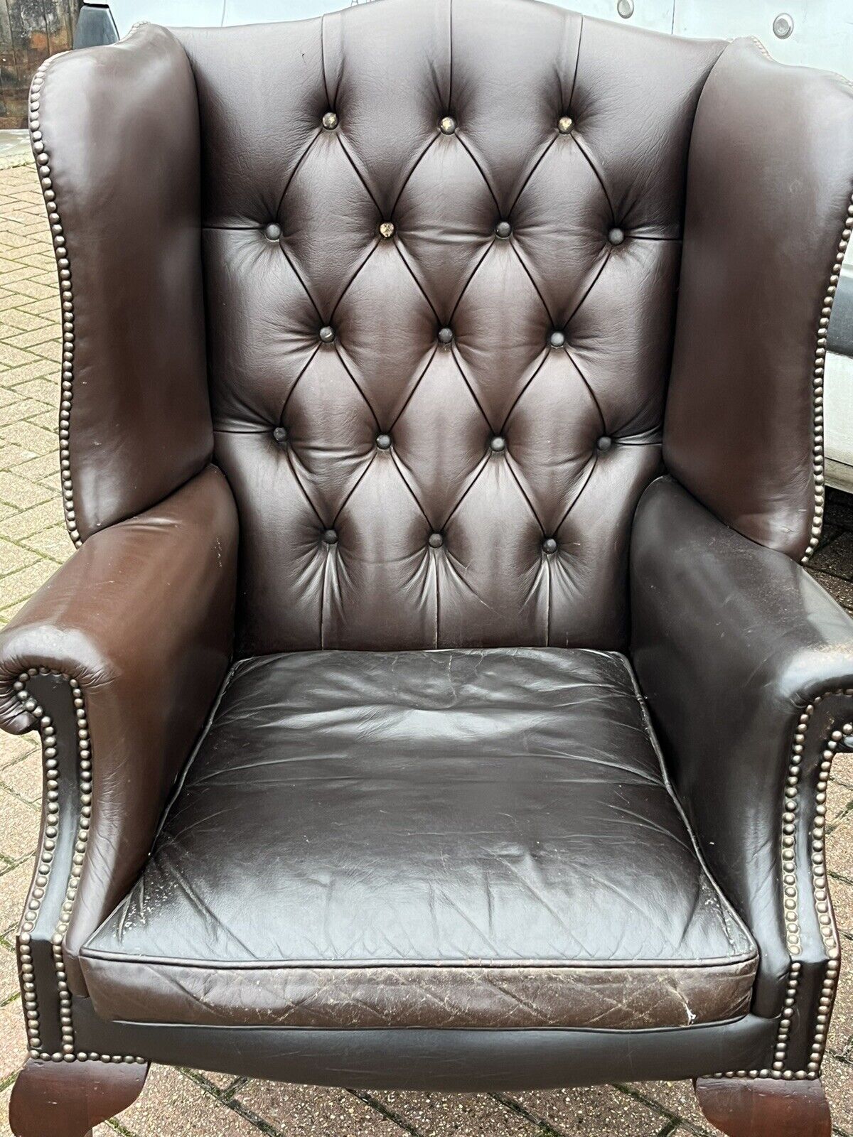 Pair Of Brown Leather Armchairs. Good Quality, Buttoned Backs.