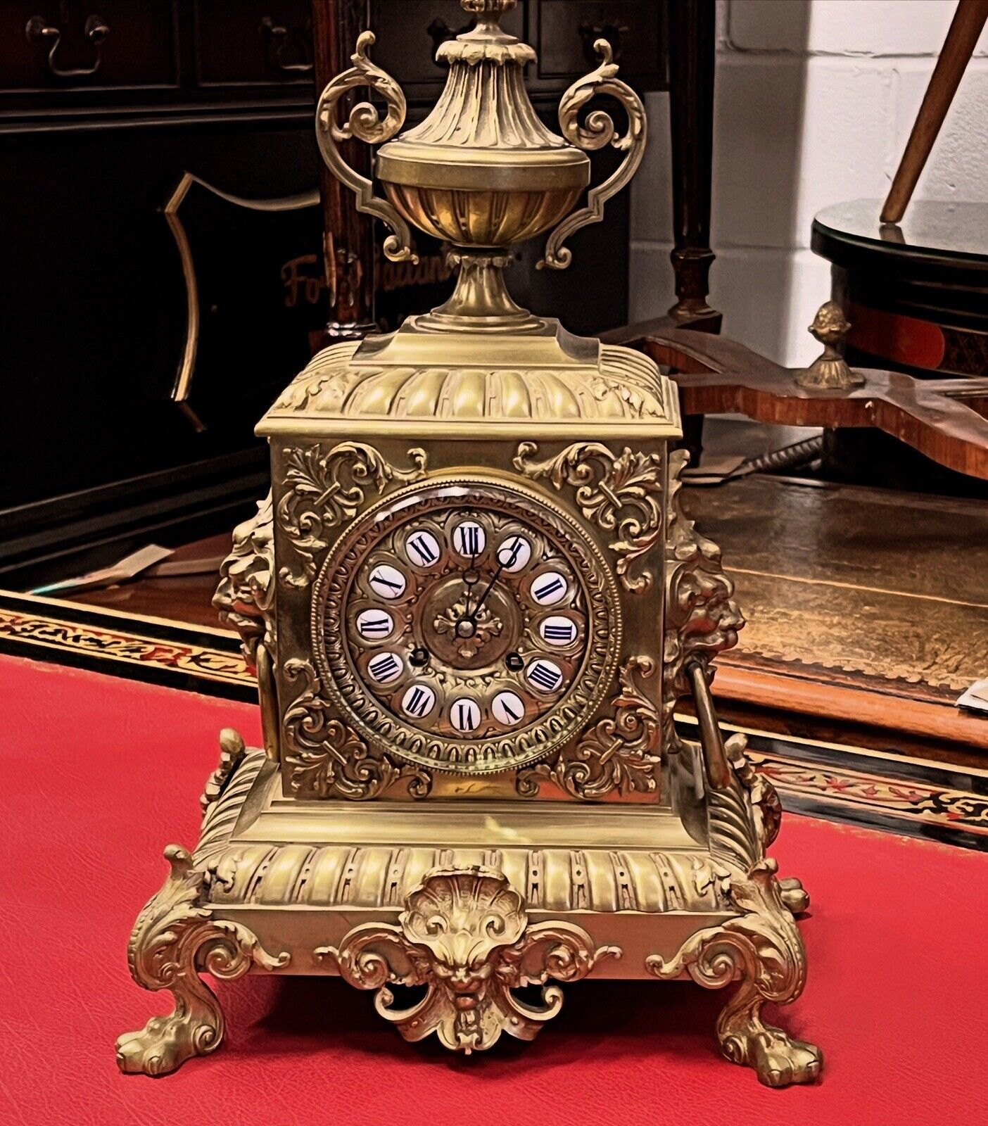 Victorian Brass Clock, Superb Quality, Chimes In A Bell, With Key And Pendulum