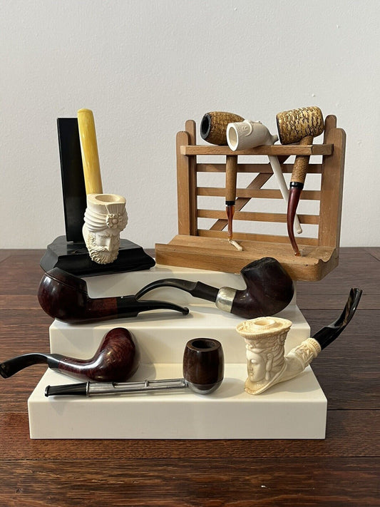 Antique & Vintage Pipe Collection With 2 Wooden Pipe Stands