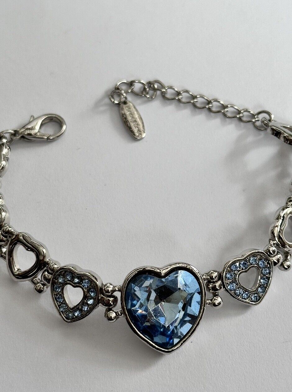 Vintage Silver Tone Blue Diamanté Heart Bracelet