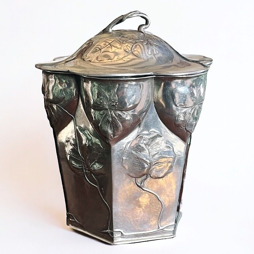 Art Nouveau Silver Plate Biscuit Barrel Moulded With Leaves &  Flowers