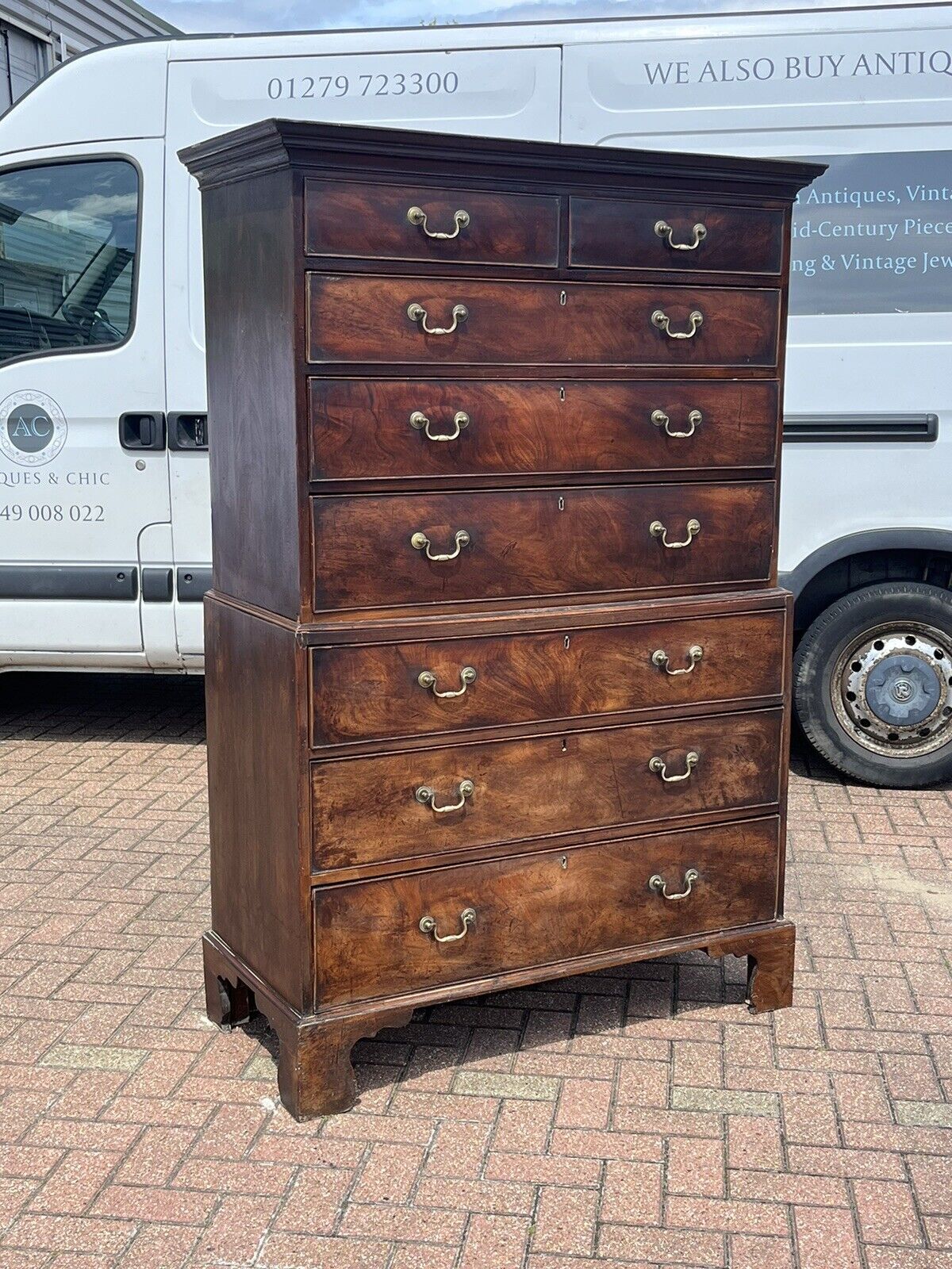 Georgian Mahogany Chest On Chest. Original Brass Handles, Bracket Feet.