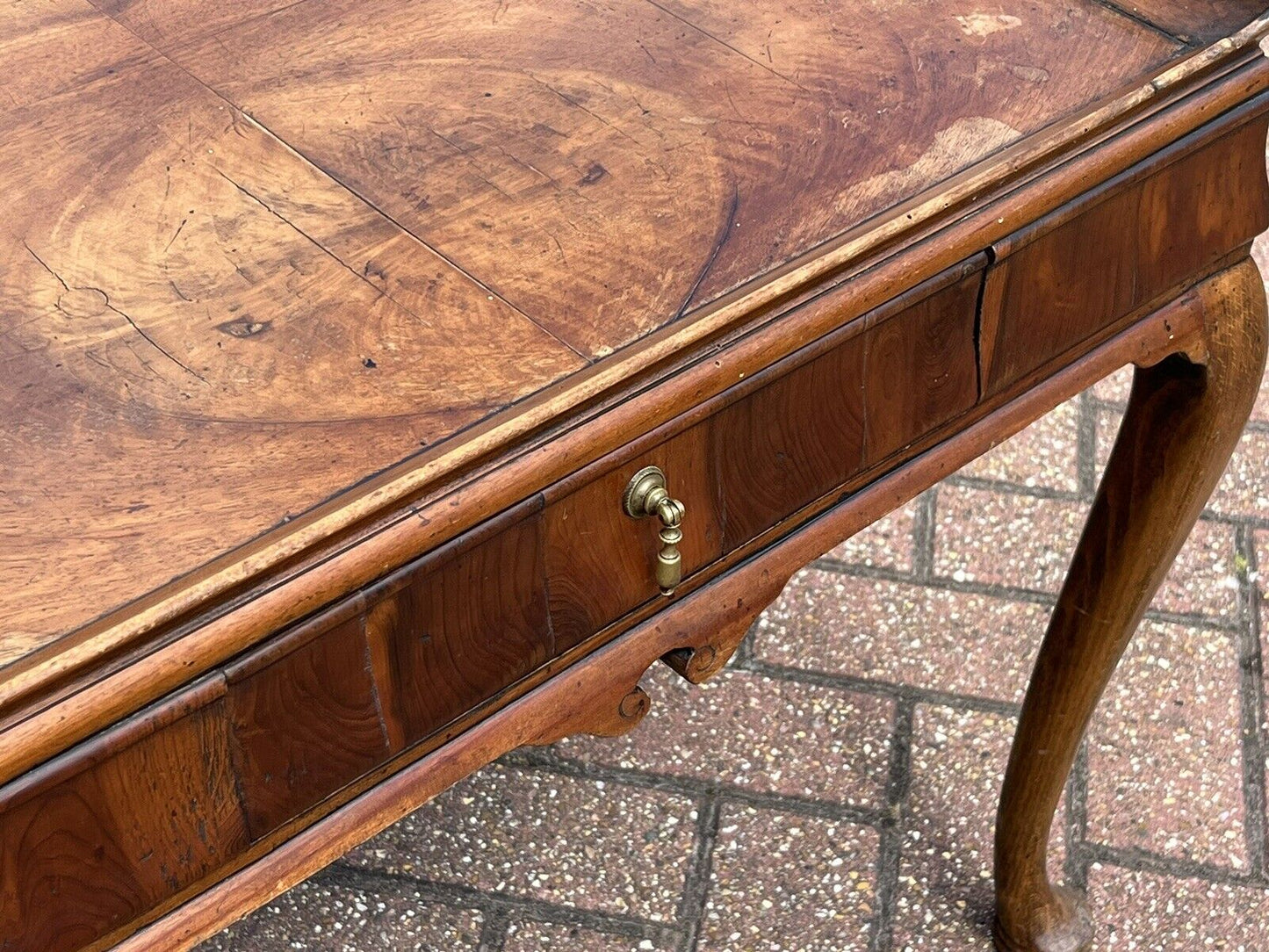 Antique Burr Walnut Tray Top Side Table With Drawer. Pad Feet, Brass Handle.