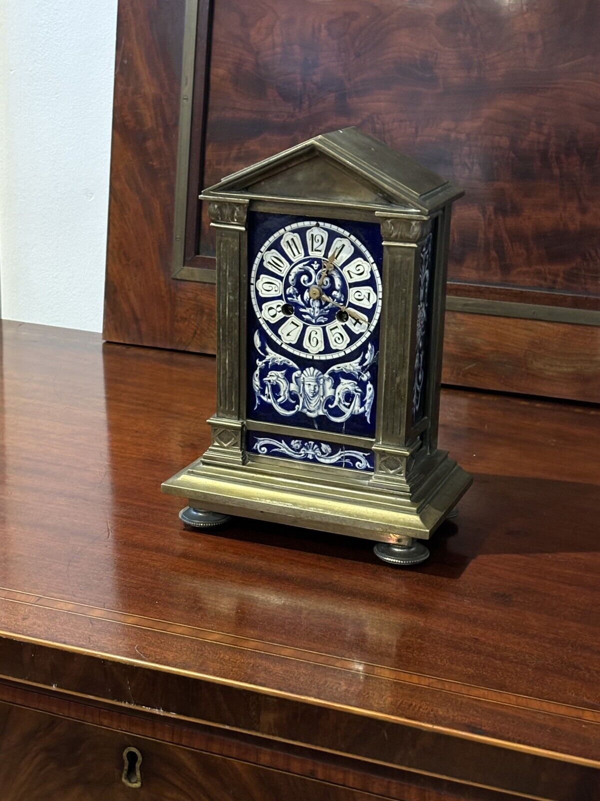 French Architectural Antique Brass Clock With Painted Panels, Chines On A Bell