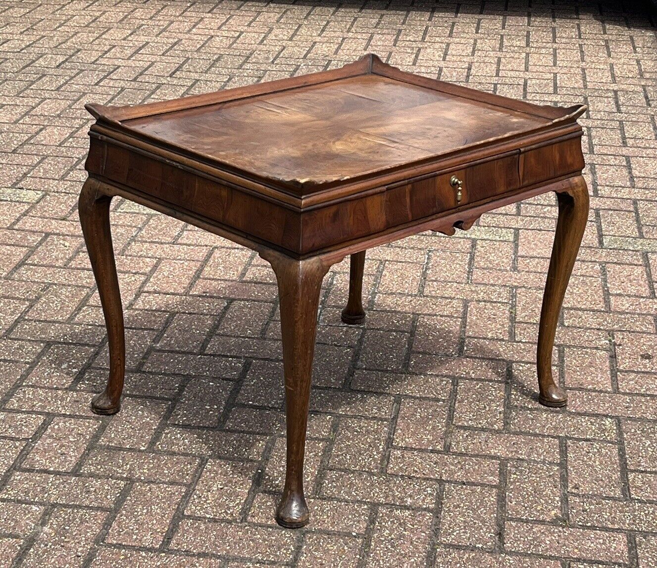 Antique Burr Walnut Tray Top Side Table With Drawer. Pad Feet, Brass Handle.