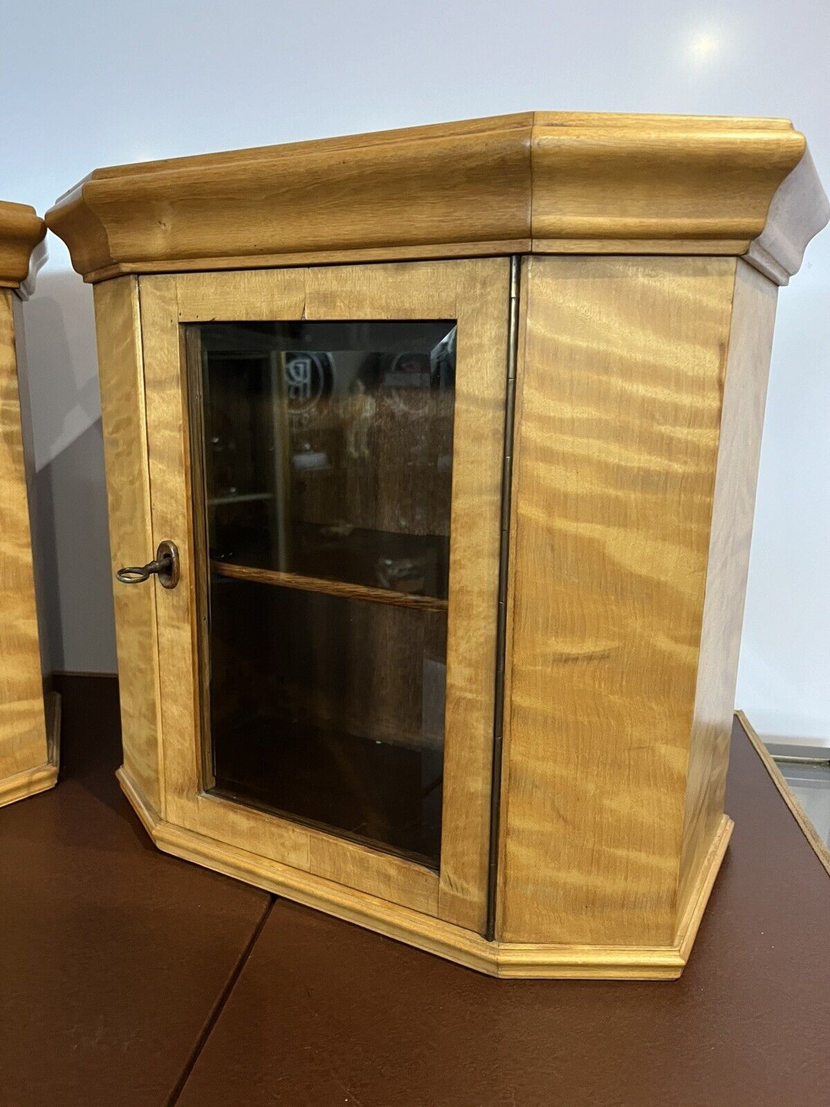 Satinwood Collectors Table / Wall Display Cabinets. Lock & Key, Bevelled Glass