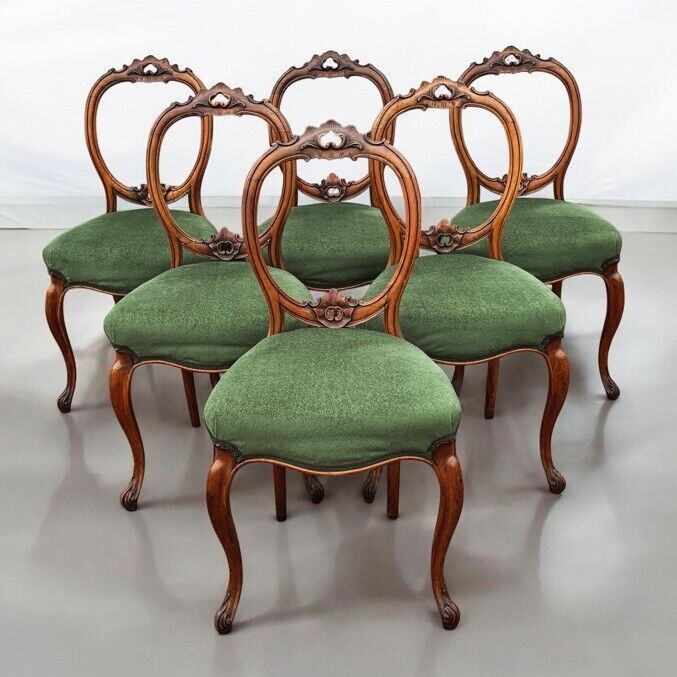 Victorian Walnut Set Of 6 Balloon Back Dining Chairs.