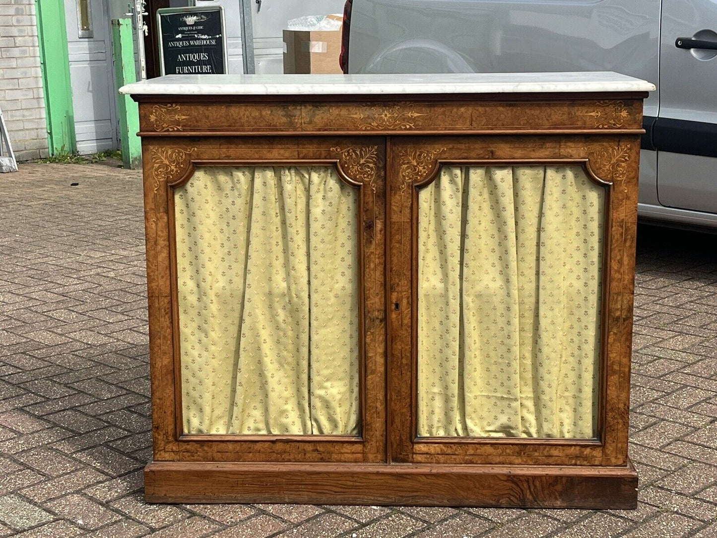 Victorian Walnut Pier Bookcase, Display Cabinet, Credenza With White Marble Top