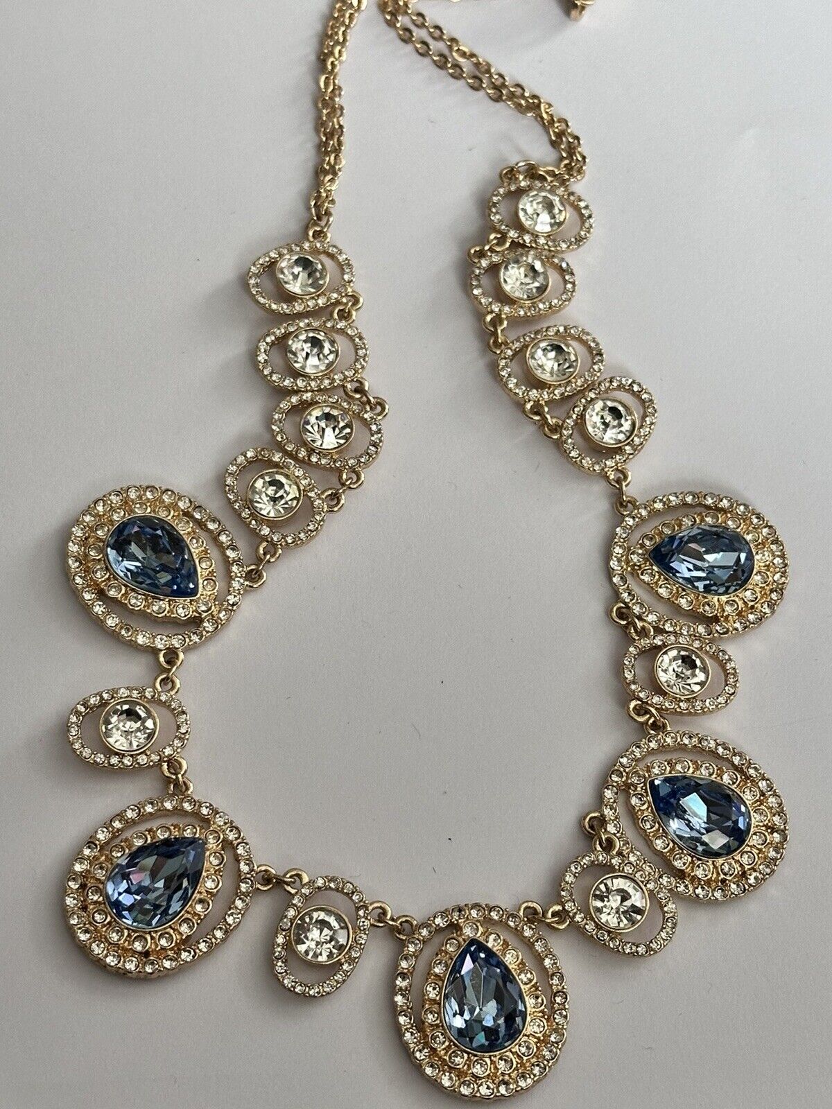 Vintage Gold Plated Blue Teardrop Crystal Statement Necklace