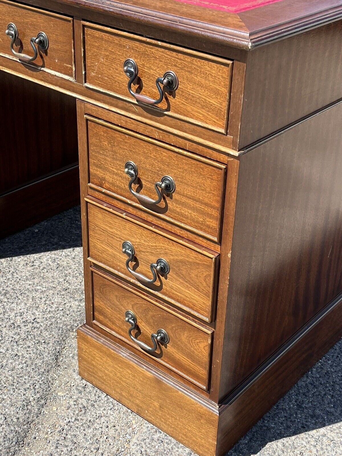 Pedestal Desk With Red Leather Top. Splits In 3 Pieces For Easier Transportation