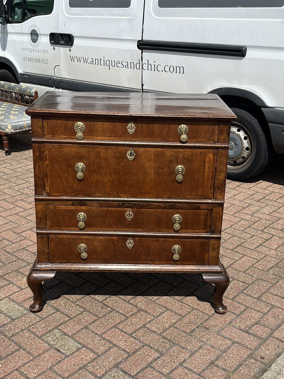 George II Provincial Walnut Chest Of Drawers. Brass Handles. Splits In 2 Pieces.