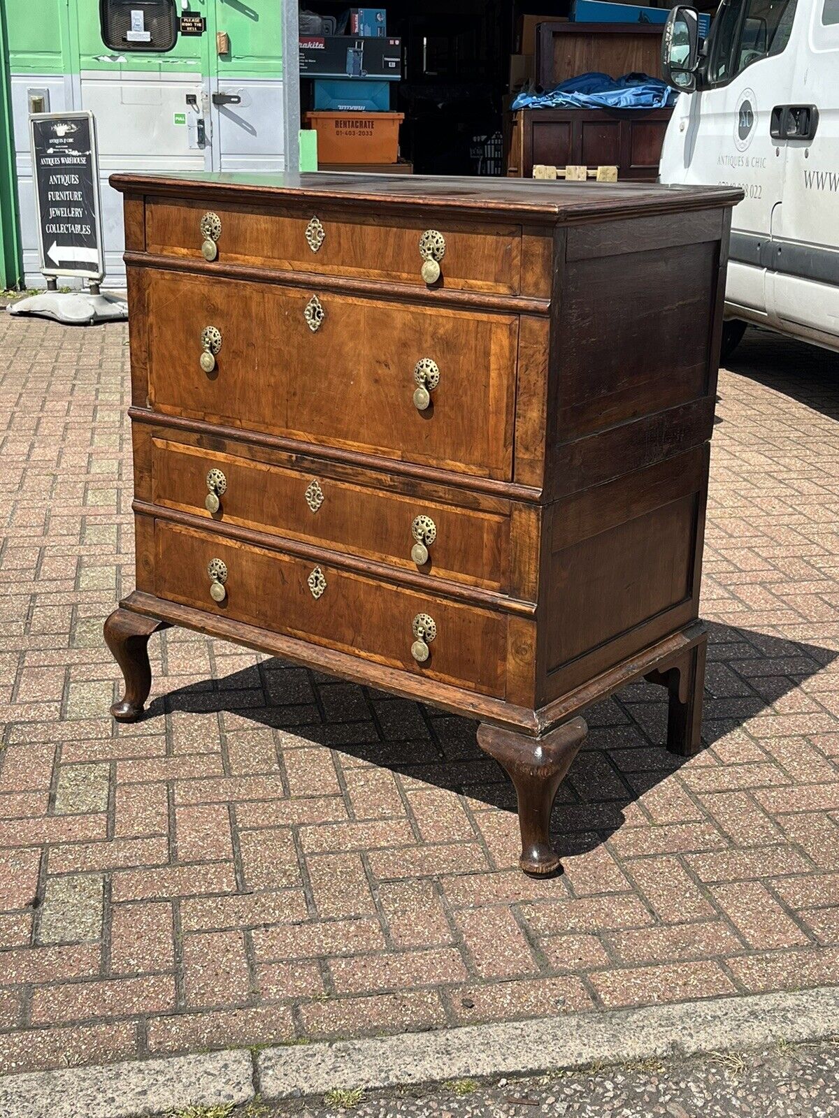 George II Provincial Walnut Chest Of Drawers. Brass Handles. Splits In 2 Pieces.