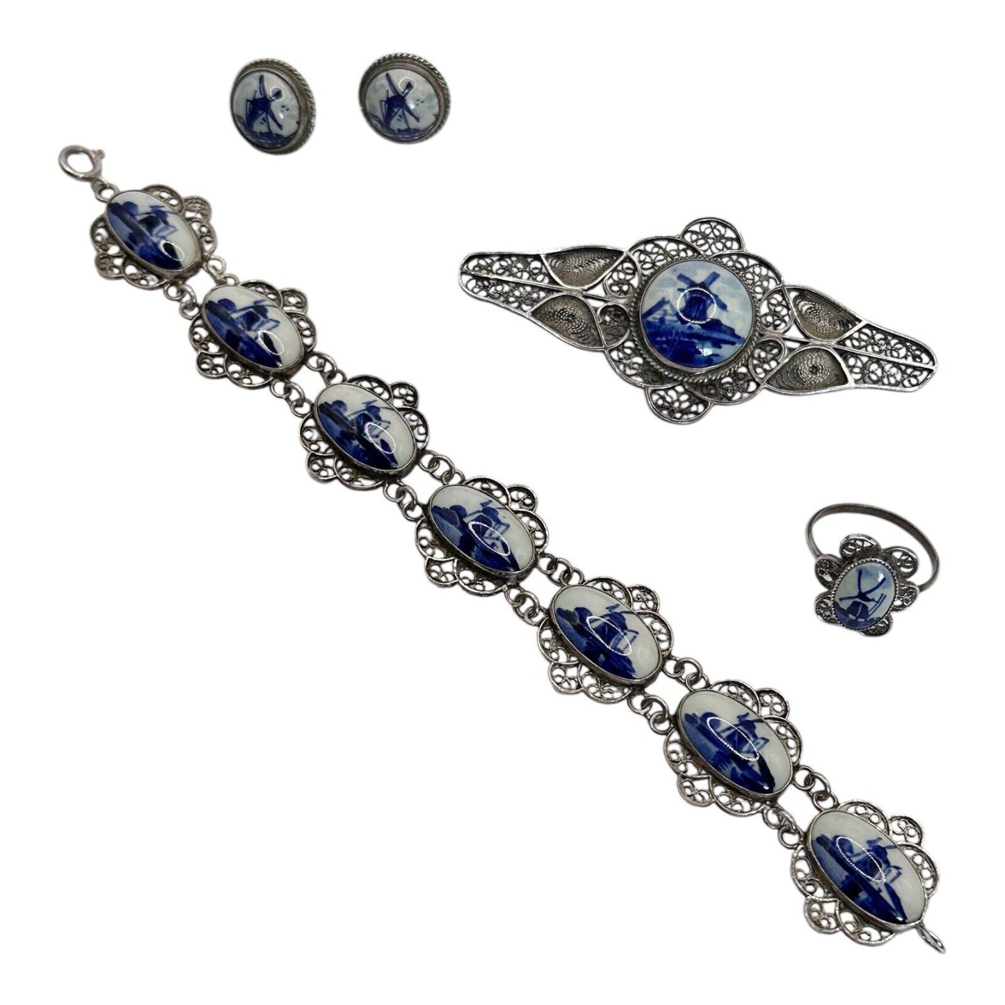 Vintage Dutch Silver 835 Filigree Delft Bracelet Ring Necklace Earring Set