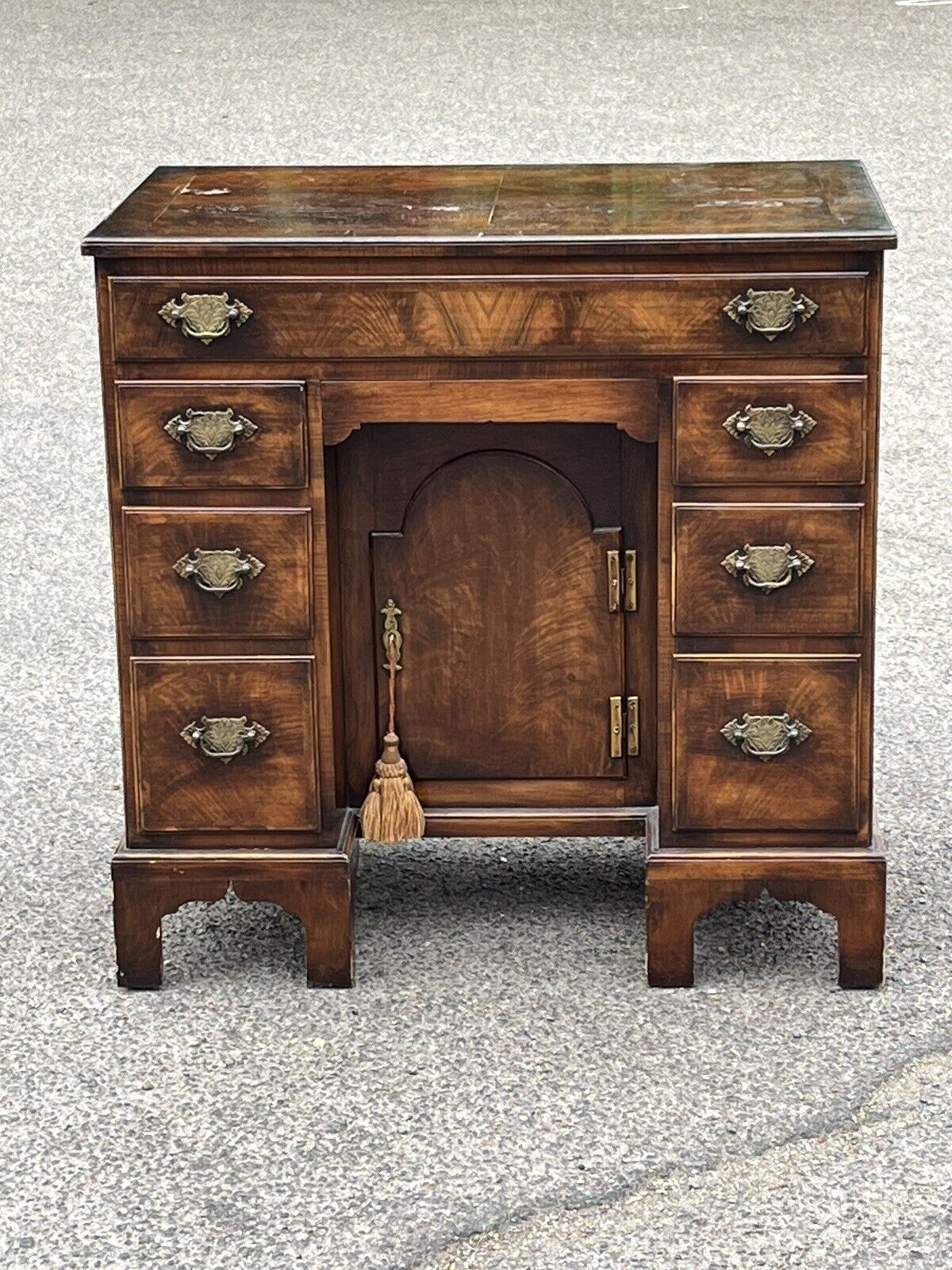 Walnut Kneehole Desk, Bracket Feet With Brass Handles.