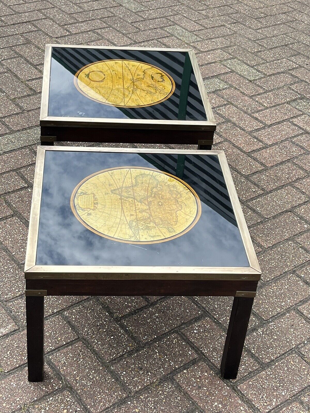 Pair Of Military Style Brass Bound Map Coffee Tables, Lamp Tables, Side Tables