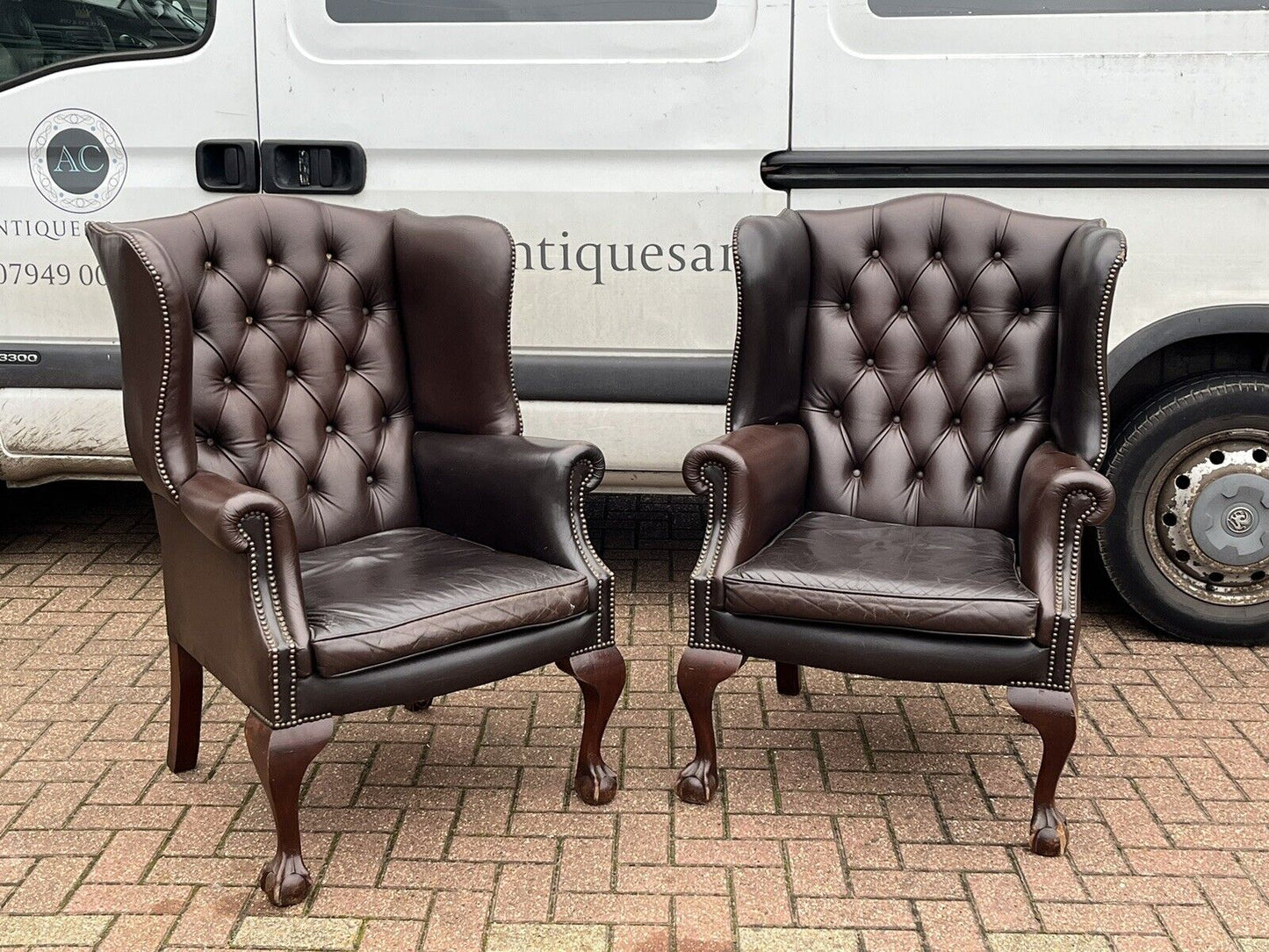 Pair Of Brown Leather Armchairs. Good Quality, Buttoned Backs.