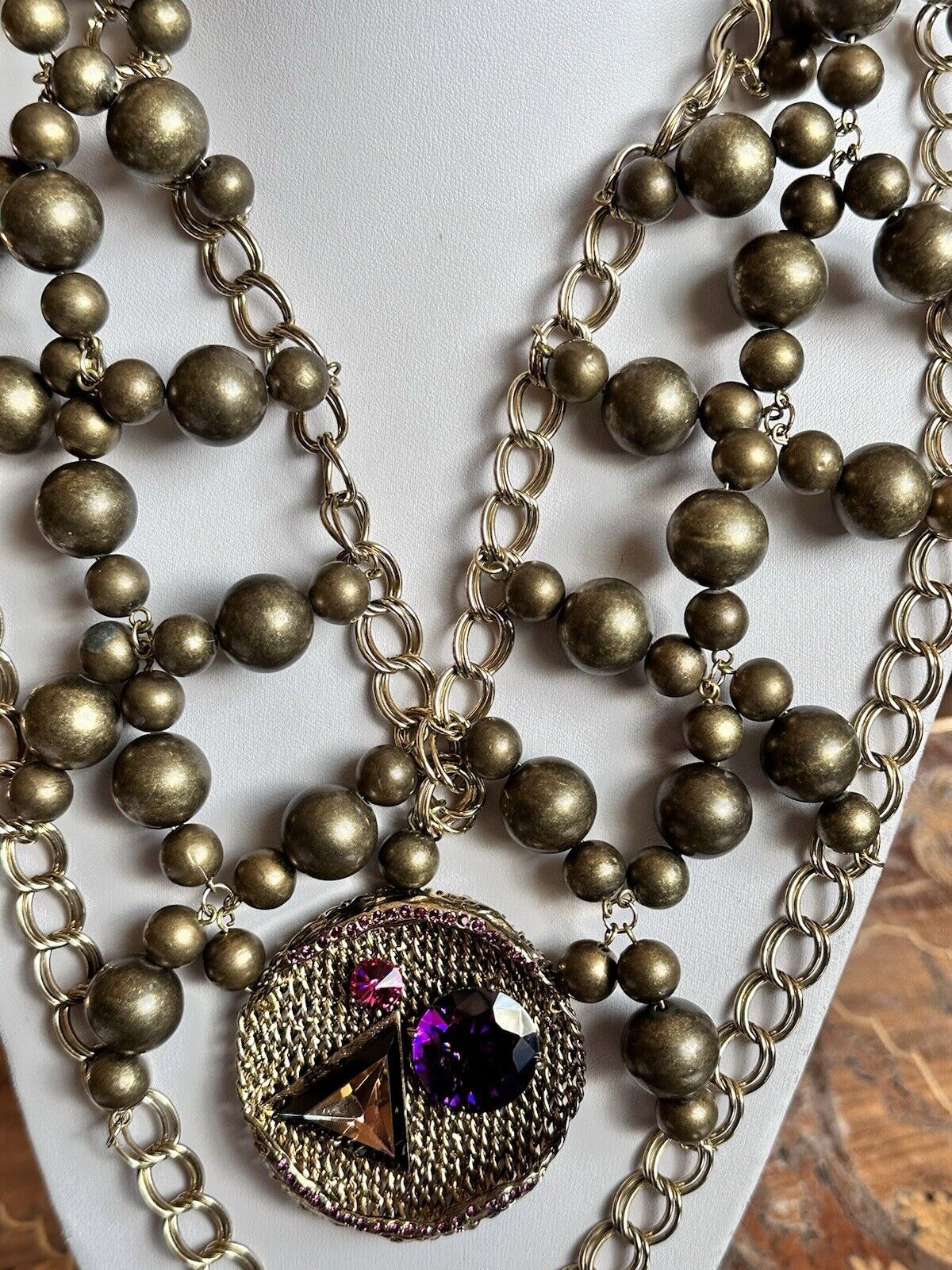 Vintage Runway Statement Beaded Diamanté Gold Purple Pink Necklace