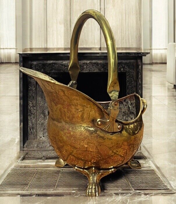 Brass & Copper Helmet Coal Bucket / Scuttle on Lions Paw Feet.