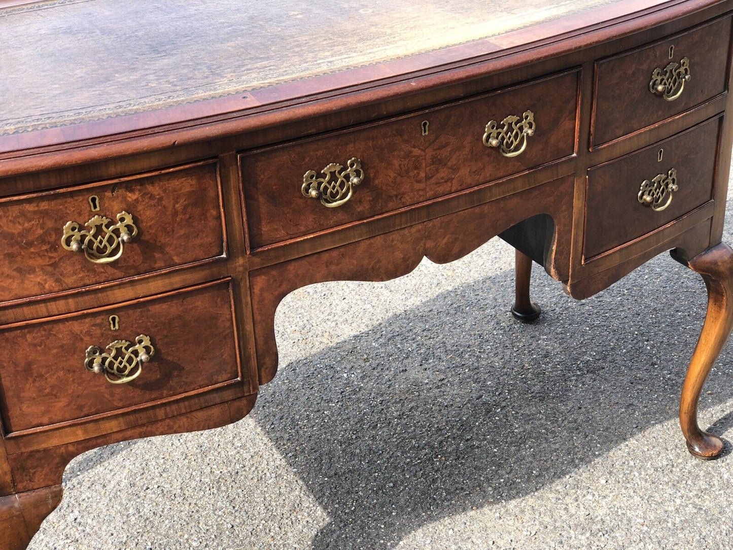 1930’s Walnut Desk, Leather Top, Brass Handles.