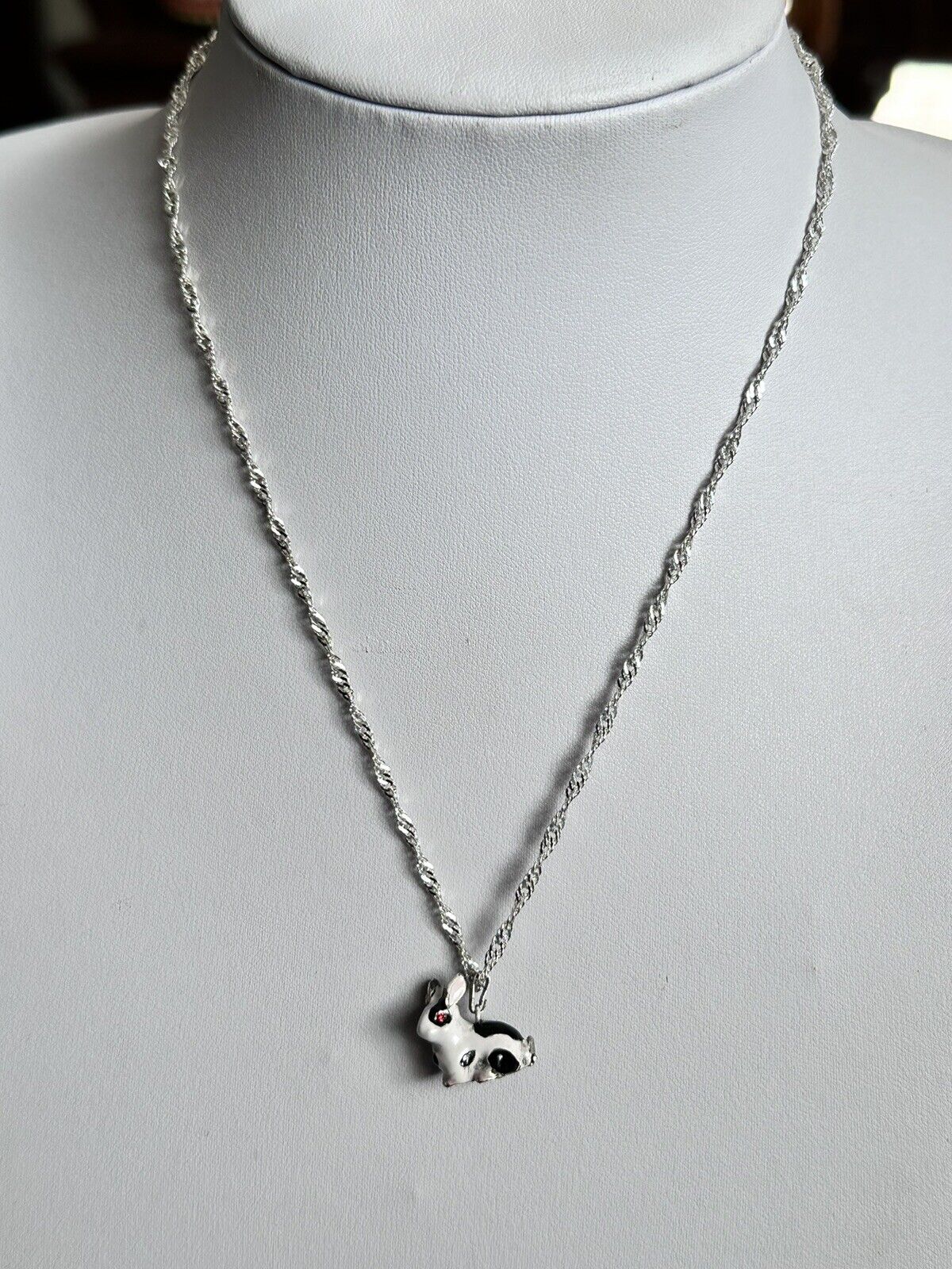 Viintage Rhodium Plated Enamel Rabbit Pendant Necklace