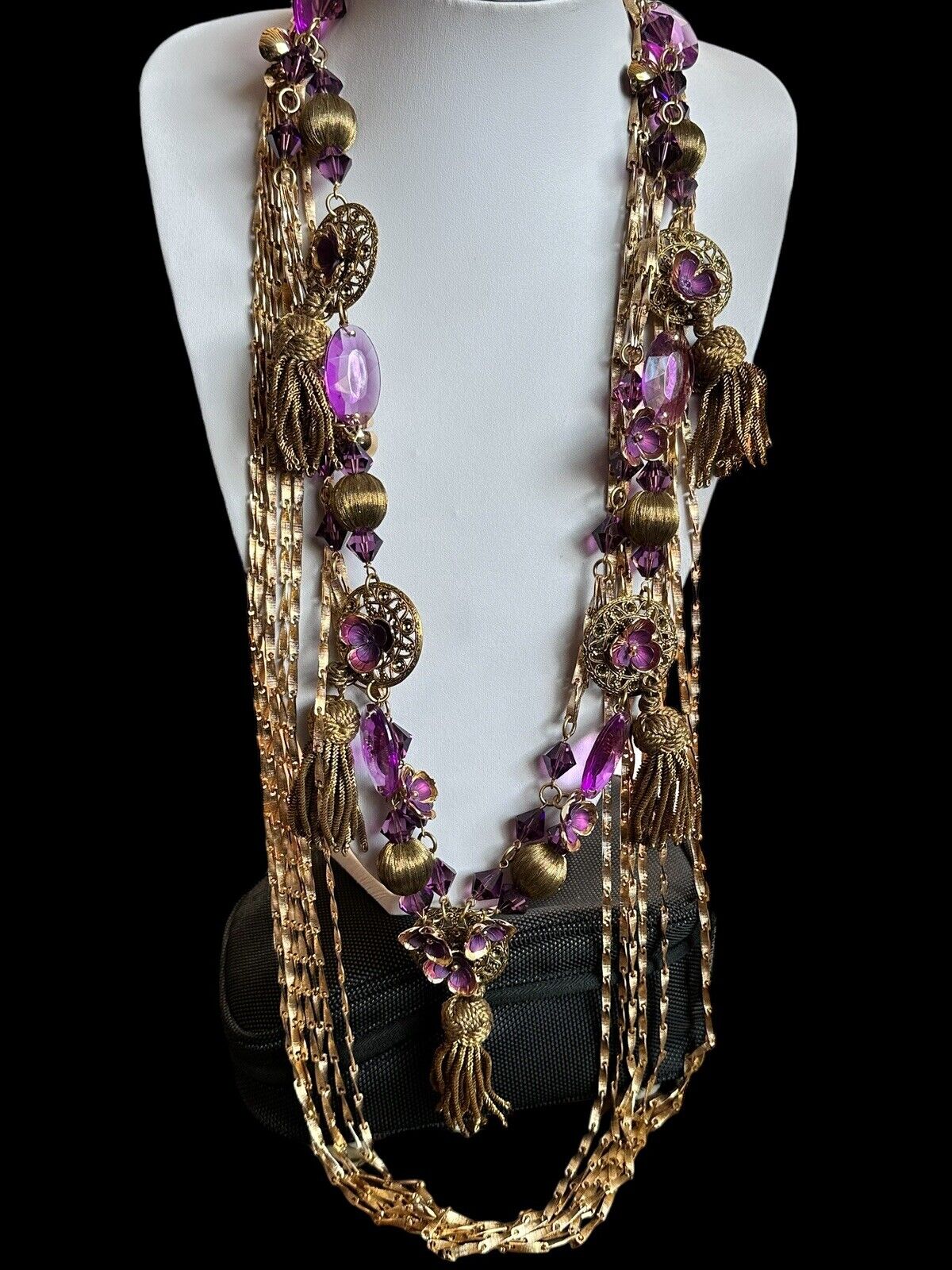 Vintage Runway Statement Acrylic Purple Pink Flowers Beaded Long Length Necklace