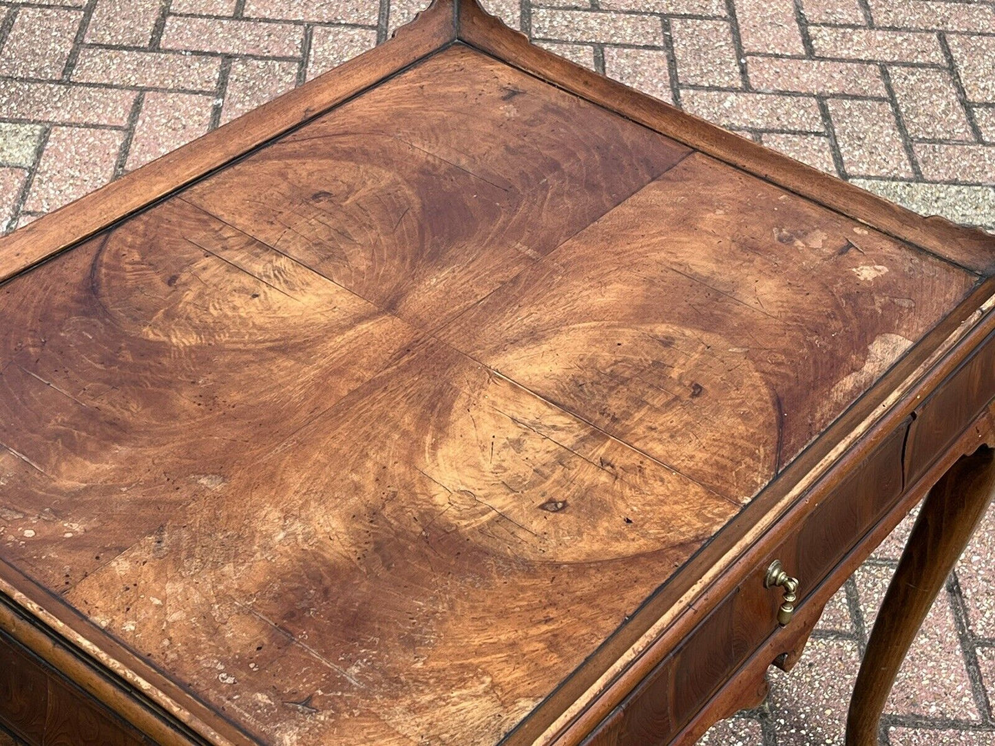 Antique Burr Walnut Tray Top Side Table With Drawer. Pad Feet, Brass Handle.