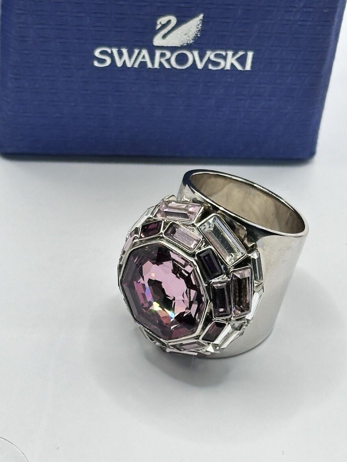 Vintage Swan Signed Swarovski Purple Stone Statement Ring Boxed