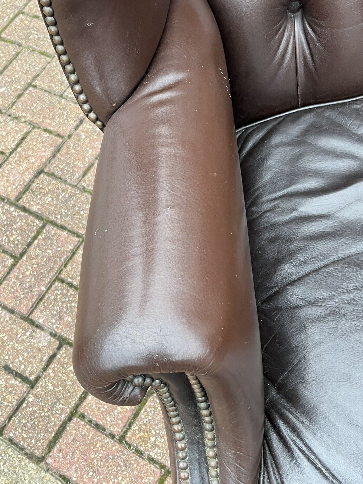 Pair Of Brown Leather Armchairs. Good Quality, Buttoned Backs.