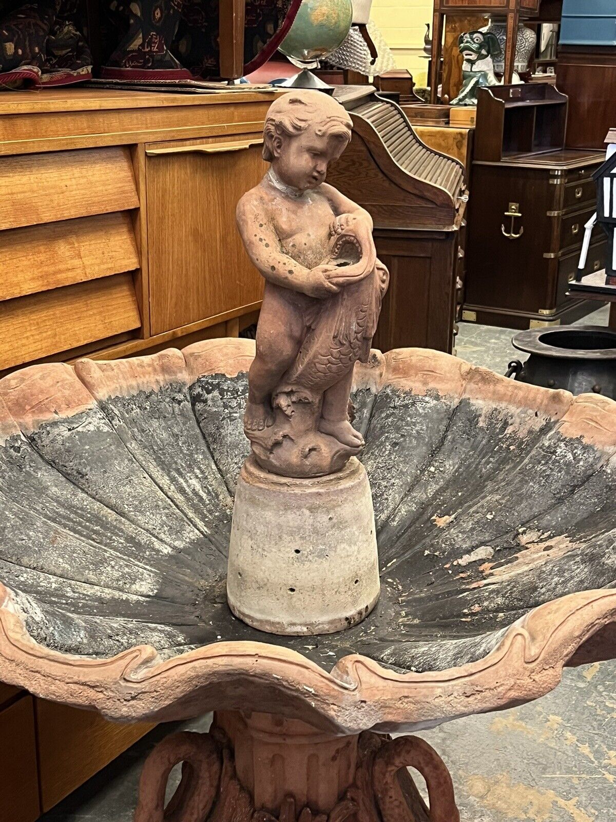 LARGE Terracotta Garden Fountain, On A Swan Base, Oyster Shell With A Boy & Carp