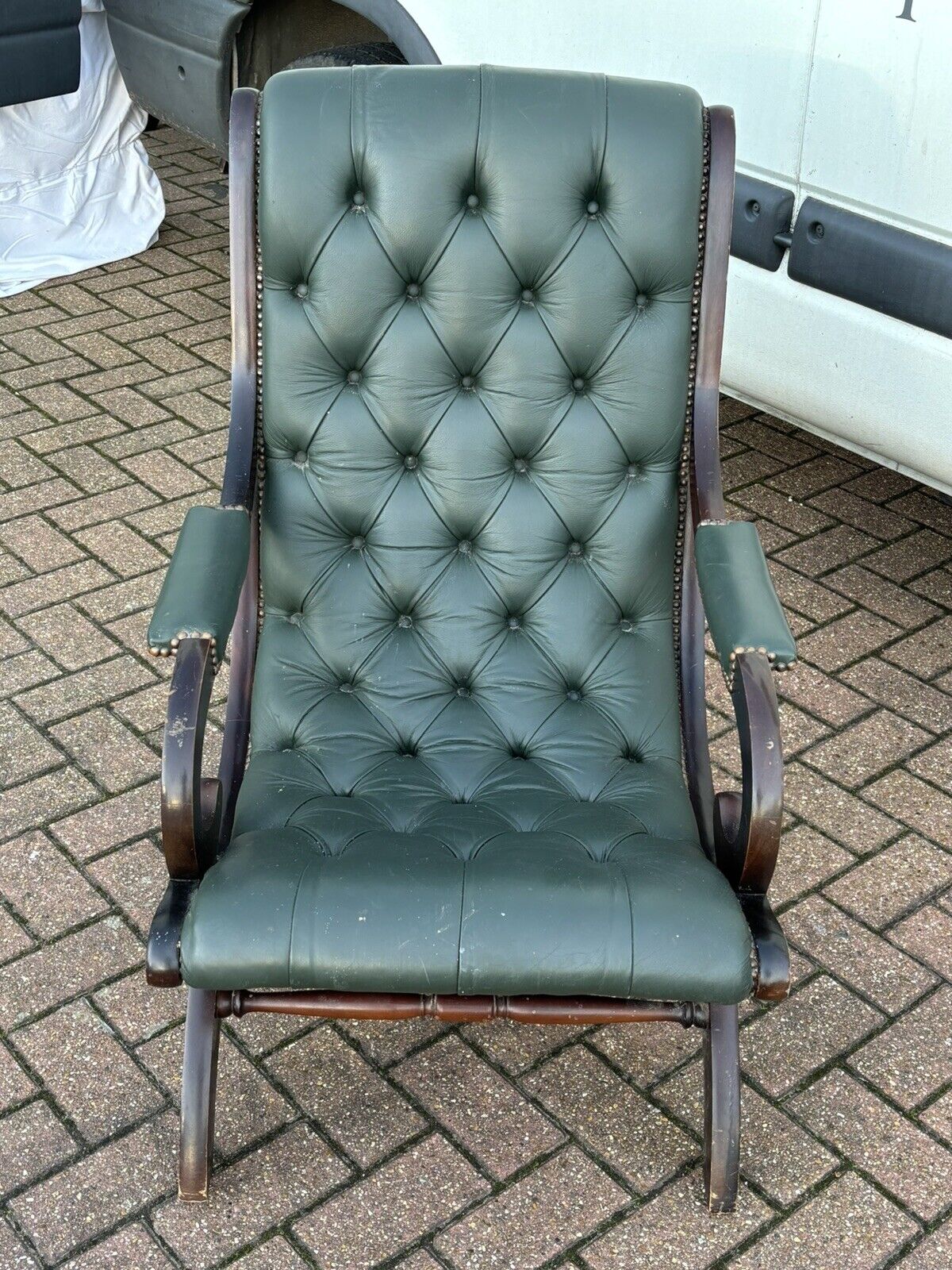 Green Leather Buttoned Back Armchair. Slipper Chair/ Reading Chair