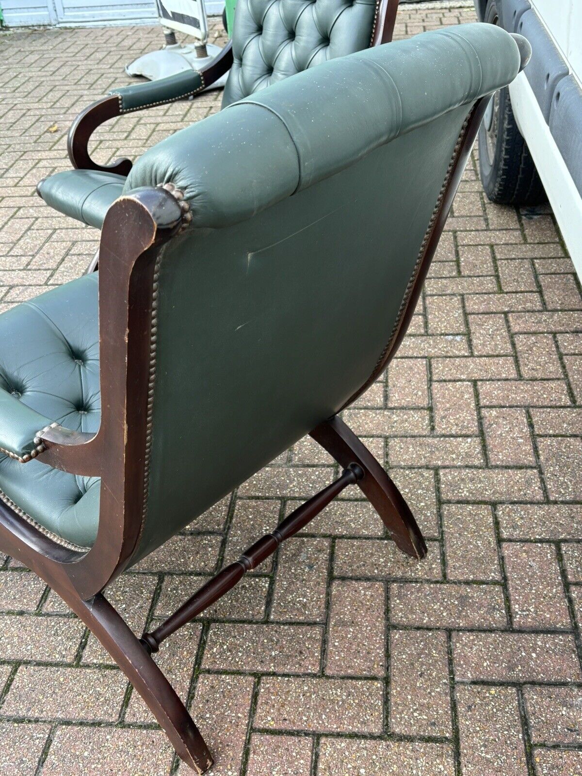 Pair Of Green Leather Buttoned Back Armchairs. Slipper Chairs/ Reading Chairs