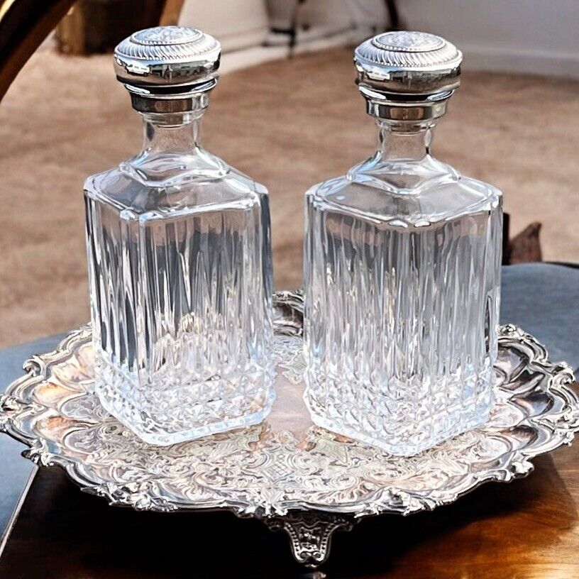 Pair Of Large & Heavy Glass Decanters With Silver Plate Decoration With Tray